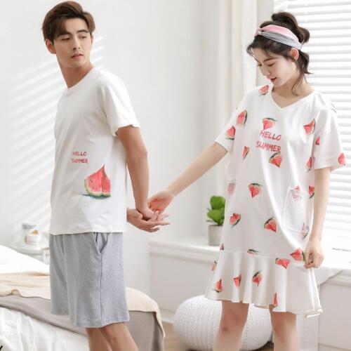 Women and men 2019 new Korean cotton home summer couple knitted thin men short sleeve shorts and women short sleeve sleepshirts