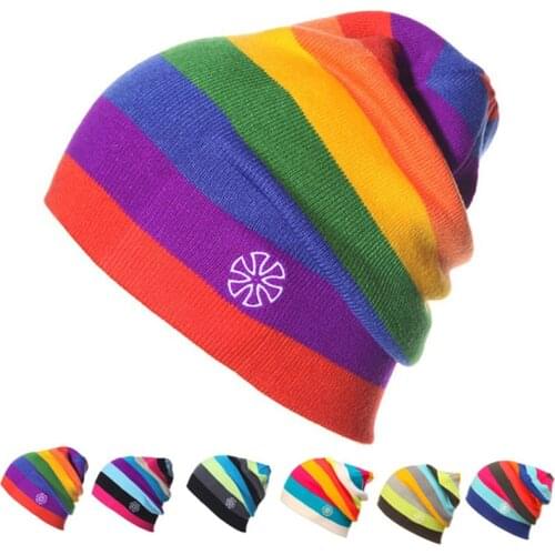 Womens Winter Hats Rainbow Striped Ski Hat Unisex Warm Knitted Men Hat Beanies Fashion Hip Hop Skullies for Men Women