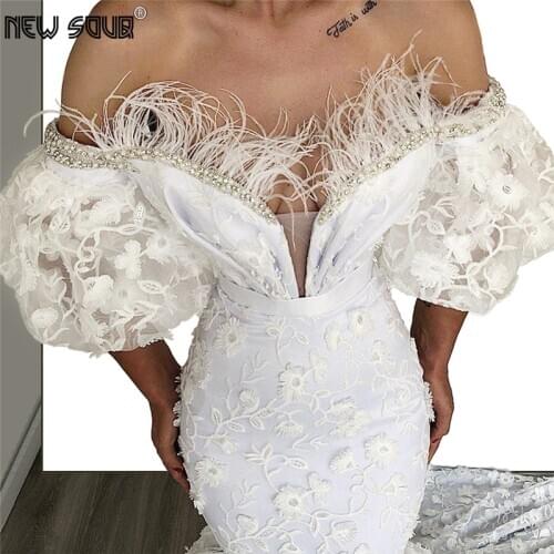 Wedding Embroidery Feathers Evening Dresses Middle East 2020 New Arrival Celebrity Beaded Prom Dress African Dubai Party Gowns