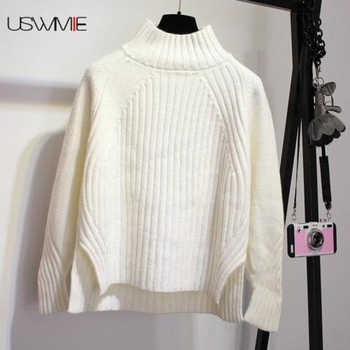 Spring Winter Solid Color Sweet Split Knitwear Sweater Long Sleeve Turtleneck Irregular Hem Comfort Bottomed Female Pullover