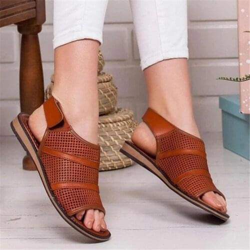 Summer Women Flat Sandals Hollow Out Ladies Hook Loop PU Leather Flat Shoes Woman Peep Toe Casual Rome Fashion Female Shoes 2021