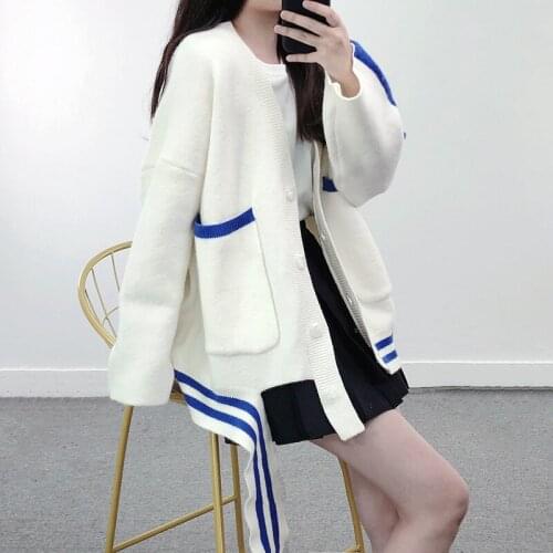 White Long Cardigan Women Oversized Cardigan Thick 2021 Autumn Winter Cardigan Sweater V Neck Patchwork Loose Long Knit Coat