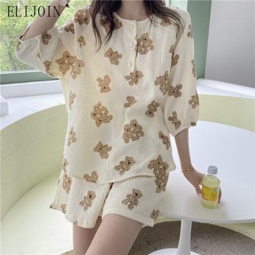 ELIJOIN Womens Pajamas Set Cute Cartoon Ladies Suit With Short Sleeves Womens Home Clothes Womens Shirt