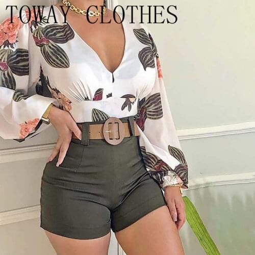 Summer Women Causal V Neck Tropical Print Long Sleeve Top & Shorts Set Two Piece set