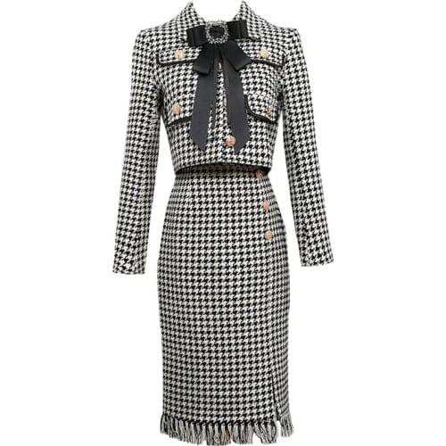 PERHAPS U Women Black White Houndtooth Tweed Jacket Knee Length Skirt Pencil 2 Two Pieces Set Elegant Button Bow Tassel T0376