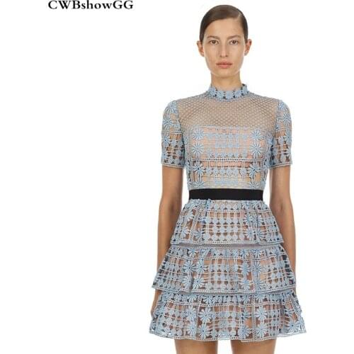 CWBshowGG Self-Portrait Summer Runway Lace Flower Embroidery Women hollow out Short Sleeve chic Cake mini party vestidos dress