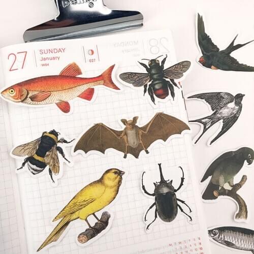 14PCS Flying insect fish vintage Stickers Crafts And Scrapbooking stickers book Student label Decorative sticker DIY Stationery