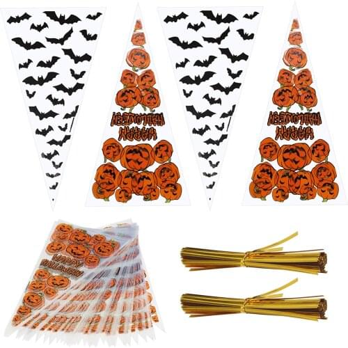 METABLE 200pcs Halloween Cone Bags,Transparent Pumkin Bat Candy Patterned Cellophane Trick Or Treat Bag