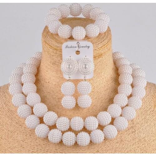 White simulated pearl beads nigerian wedding african necklace jewelry set for women FZZ04