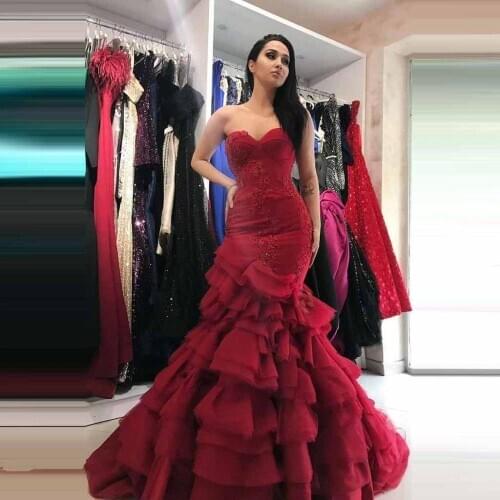 Burgundy Elegant Party Dresses Mermaid With Tiered Ruffles Appliques Floor Length Court Sweetheart Sleeveless Prom Long Gowns