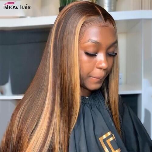 Ishow Transparent Lace Wigs Highlight Bone Straight Human Hair Wigs Pre Plucked 28 30 Inches Ombre Lace Front Human Hair Wigs