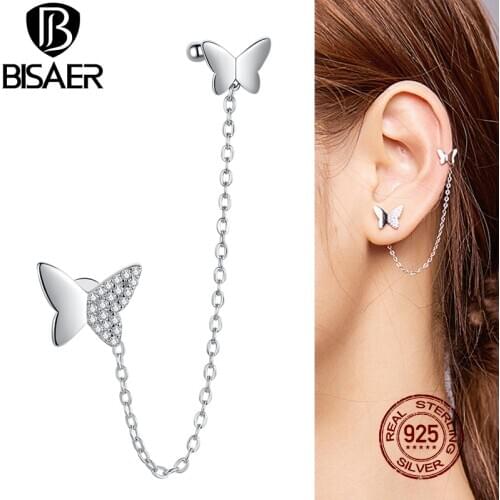 BISAER Butterfly Chain Earrings 925 Sterling Silver Ear Link Earrings For Women Original Chic Design Jewelry 2020 ECE913