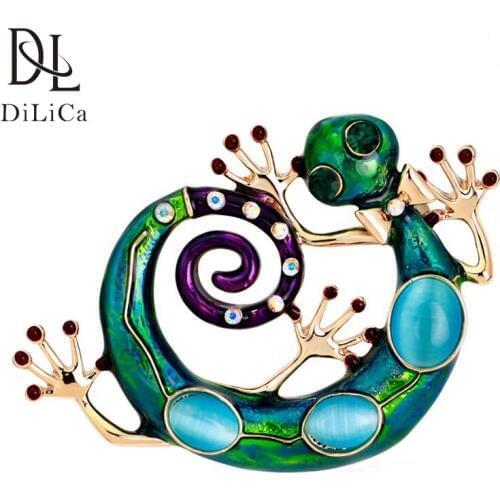 DiLiCa Hot Trend Lizard Animal Statement Brooches Pins Fashion Women Colored Rhinestone Corsage Brooch Pin Jewelry Accessories