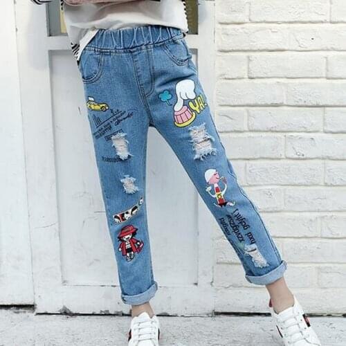 Girl Jeans Kids Spring Fall Children Cartoon Pants Casual Loose Denim Trousers for Teen Elastic Waist Girls Ripped Jeans 8 12Yrs