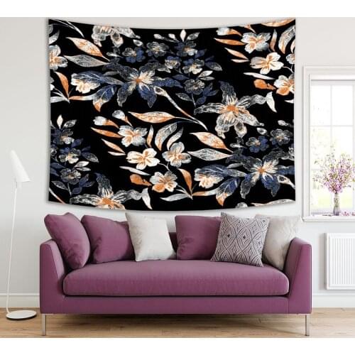 Tapestry Lilies Flowers with Leaves Floral Pattern Luxurious Design Artwork Beige Blue Black