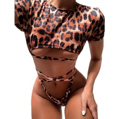 Hot Sale Short Sleeve Leopard Bikini Mujer 2020 New Sexy Swimwear Women Swimsuit Push Up One Piece Brazilian Thong Bikinis Mujer
