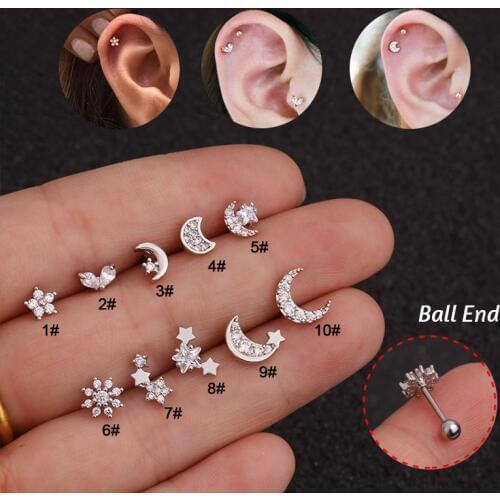 1 PC Small Flower Moon Wing Triangle CZ Tragus Daith Helix Rook Piercing Studs Jewelry Helix Cartilage Studs Rook Piercing