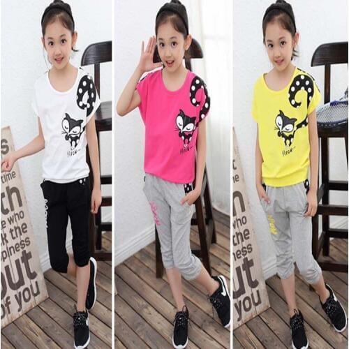 Hots Small Fox Girls Summer Children Suit Cotton Short Sleeved T Shirt +pants Suit 3 Colos 4-12 Ages Free Shipping