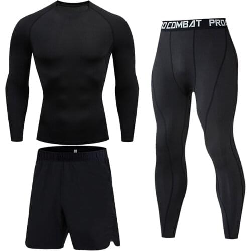 3 piece Mens Compression Set Running Tights workout Fitness Training Sportswear Long Sleeves Shirts Sport Suit Rashgard Set Gym