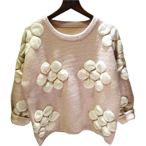 Korean Sweater Women New Autumn Winter Thick Loose Jumper Hedging Large Flower Knitted Wool Coat Female Pullover Vestidos LXJ153