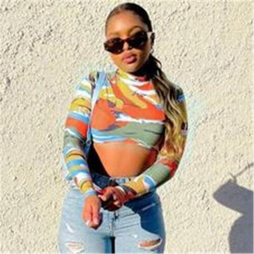 Womens High Collar Abstract Print Crop Tops Fashion Long Sleeve Slim Fit T-shirts Casual Exposed Navel Tops Streetwear