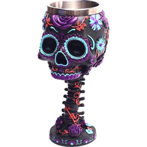Skull Goblet Cup 3D Resin & Stainless Steel Wine Glass Twilight Blooms Cups and Mugs Christmas Halloween Birthday Gift