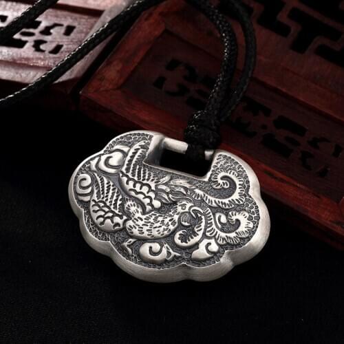 Pure silver, antique, phoenix pattern, Ruyi lock pendant, antique matte lady, pure silver, Joker pendant wholesale