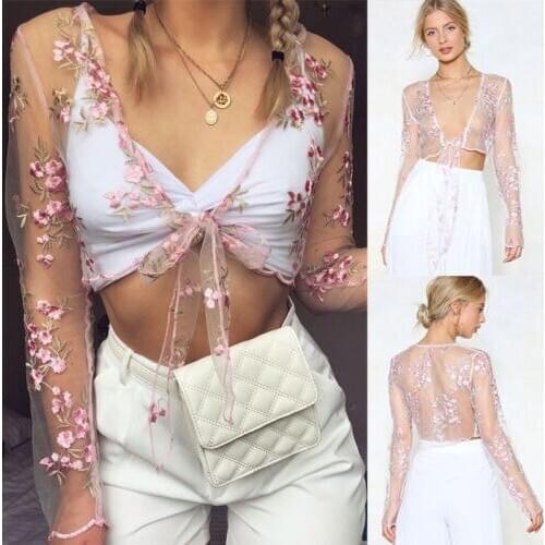 Summer Fashion Women Fairy Mesh Sheer Floral Tank Top Retro Embroidered See Through Crop Tops Lace Up Elegant Sexy