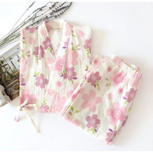 Fdfklak 2021 SUMMER NEW Japanese-Style Kimono Trousers Pajamas Suit Fashion Print Women Sleepwear Two Pieces Pyjamas