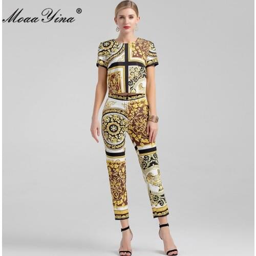 MoaaYina Fashion Runway Designer Autumn Pants Set Womens Short sleeve Pullover Tops and Retro Floral print Pant Two Piece Suit