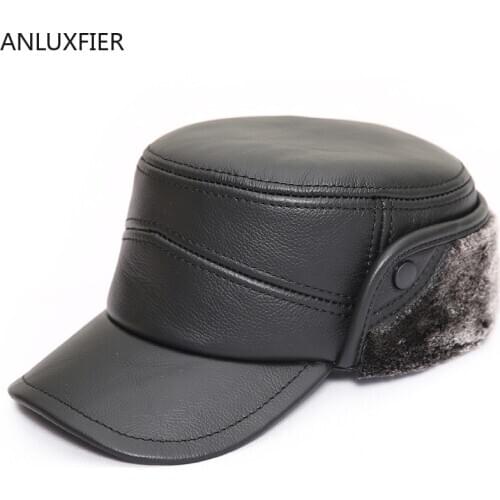 H7005 Men Leather Hat Warm Ears Protection Fall Winter Fashion Flat Top Cap Male Outdoor Cowhide Hats 2 Color