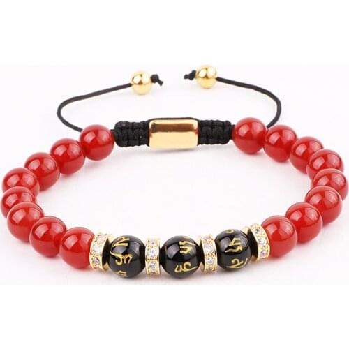 New Design Natural Stone Red Agate Tibetan Beads CZ Charm Macrame Adjustable Bracelet Women Men