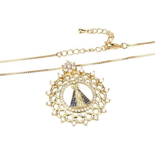 Religious Round Hollow Virgin Mary Pendant Necklace Zircon Stone Copper Our Lady of Guadalupe Necklace Catholic Jewelry Gift