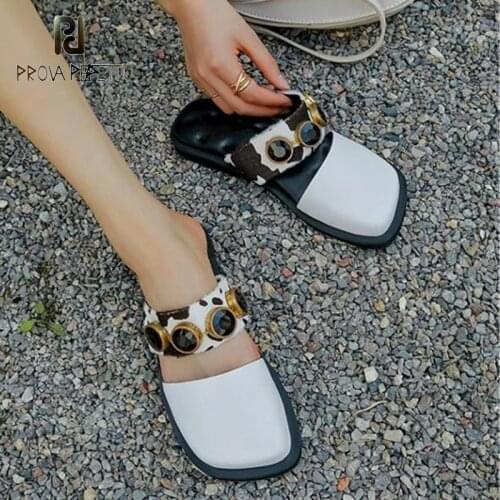 Square toe metal diamond decoration half slippers women summer leather flat bottom fashion casual Roman style sandals slippers