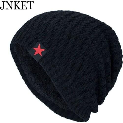 JNKET Fashion Pentagram Star Jacquard Men Womens Knitted Hat Skullcap Winter Warm Fleece Lining Beanies Hat Casual Brimless Hat