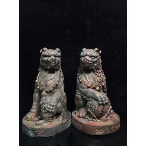 10"Tibet temple Old Bronze Lacquer Cinnabar Lion statue A pair Lion Hydrangea Guard poodle Town House Exorcism