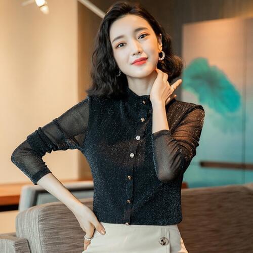 Vintage Shiny Mesh Shirt Long Sleeve Turtleneck T-Shirt Women Stretch Slim Thick Tops Autumn Winter Skinny Tshirt Tight AA5025