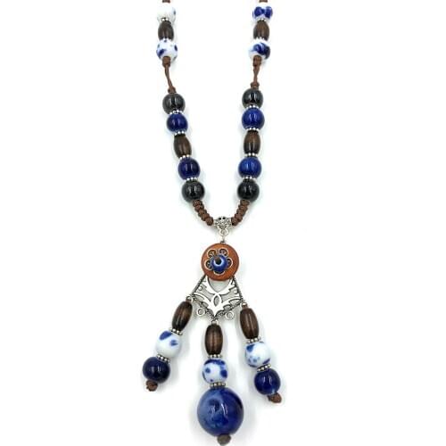 Vintage Ethnic Colorful Ceramic beads pendant Necklace Adjustable Knotted Long pendant necklace for Women