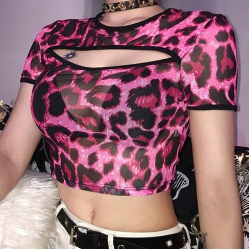 Sexy Ladies Short Sleeve T-Shirt Round Neck Women Hollow Out Leopard Print Multicolor Nightclub Cropped Top