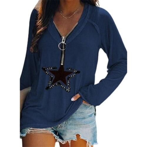 Women T-shirt Five-pointed Star Print Deep V Neck Autumn Winter Loose Long Sleeve Zipper Top Shirt Streetwear Female Clothing
