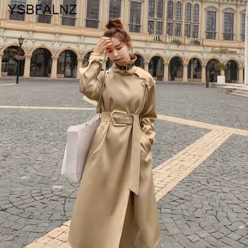 Womens Windbreaker 2021 Spring Autumn Khaki Trench Coat Korean Acetate Satin Lapel Long Straight Fashion Clothing Belt Female