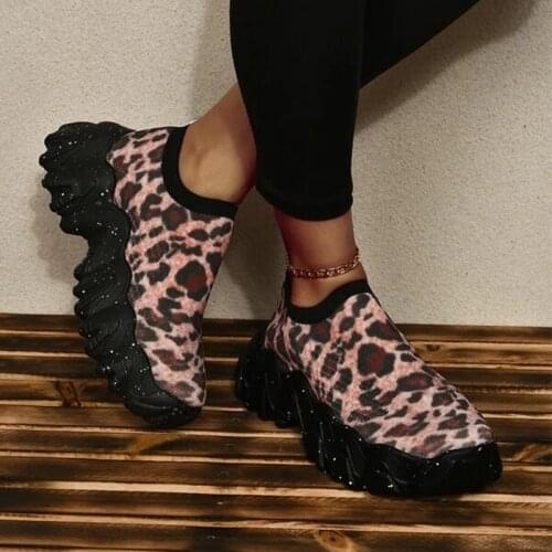 2021 Women Leopard Breathable Sneakers Vulcanized Female Comfort Sport Shoes Ladies Summer Slip-on Platform Footwear Plus Size