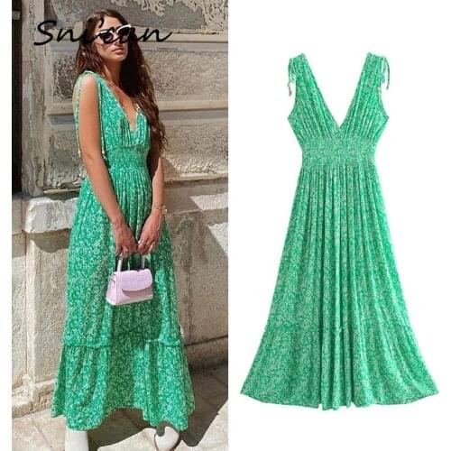 Green Floral Boho Dress Summer Women Deep V Neck Sexy Oversize Large Ruffle Dresses Za 2021 Fashion Casual Ladies Robe Femme New
