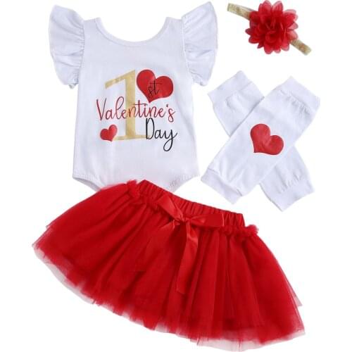 1st Valentines Day Newborn Baby Girl Fly Sleeve Cotton Bodysuit Tops Tutu Skirt Leg Warmer Outfits 4PCS Baby Clothing Set