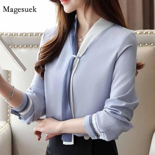 2020 Solid Loose Women Tops V-Neck Shirts Autumn Vintage Long Sleeve Chiffon Blouses Elegant Clothing Blusas Mujer De Moda 7188