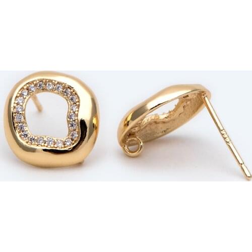 4pcs CZ Paved Waved Ear Posts, 18K Gold Plated Brass, Circle Ring Stud Earrings (#GB-2194)
