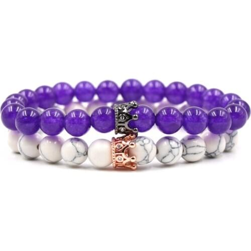 8mm 2PCS/Set ugj4 elastic adjusted nature green white Howlite bead micro pave cz zircon cubic zirconia Crown Bracelet