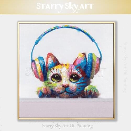Free Shipping Artist Hand-painted High Quality Lovely Cat Oil Painting on Canvas Cute Animal Cat Listening Music Oil Painting
