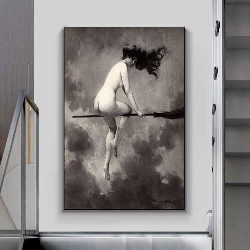 Black White Witch Riding Broomstick Vintage Poster Canvas Painting Occult Halloween Pictures For Living Room Wall Art Decor