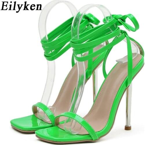 Eilyken High Quality PU Leather Sandals Women Summer Fashion Square Toe Ankle Lace-up Stiletto Heels Sexy Nightclub Party Shoes